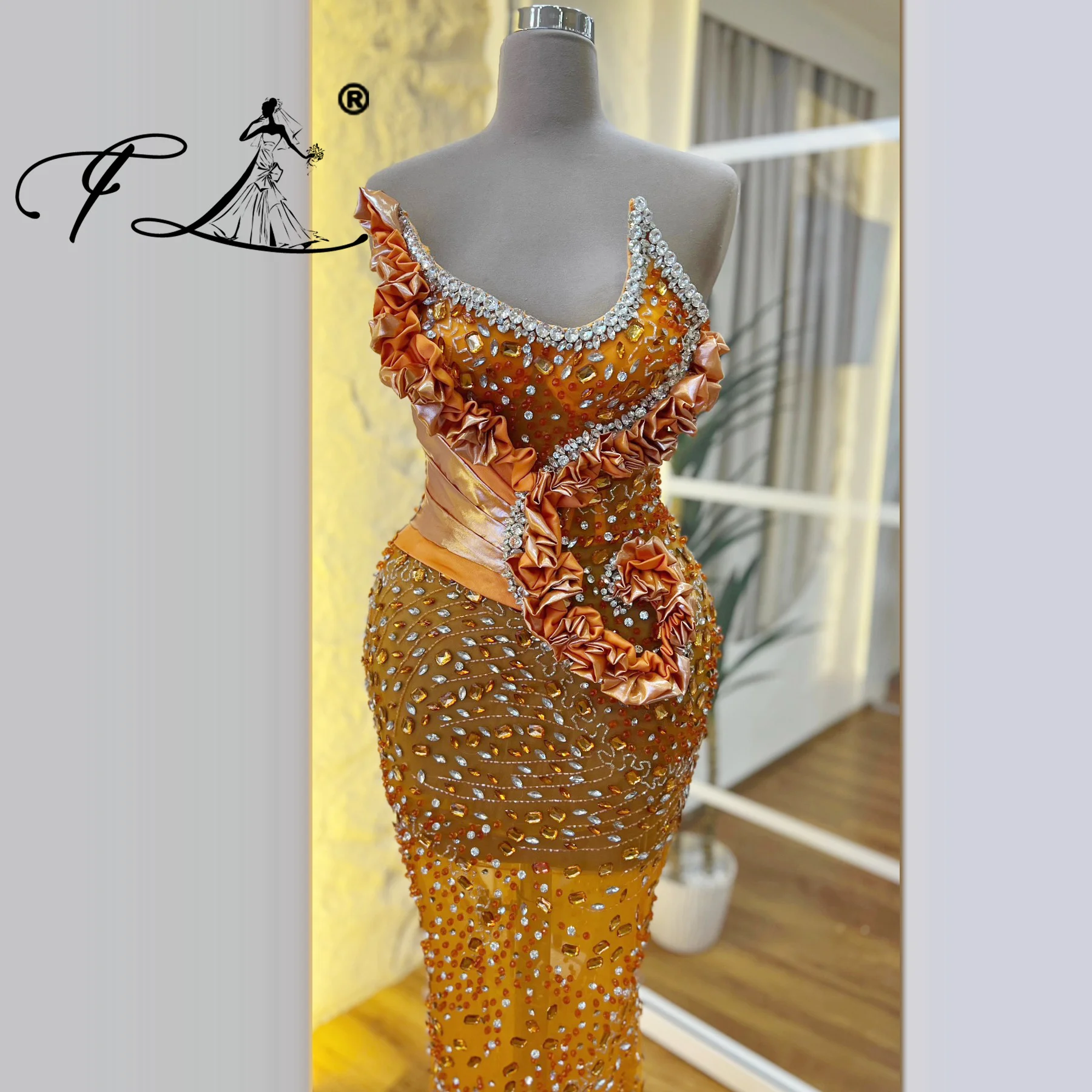 Sexy Orange Evening Dresses 2025 Rhinestone Prom Dress Illusion Chic Outfit Dresses Of The Day Crystal Sheath Party Dresses