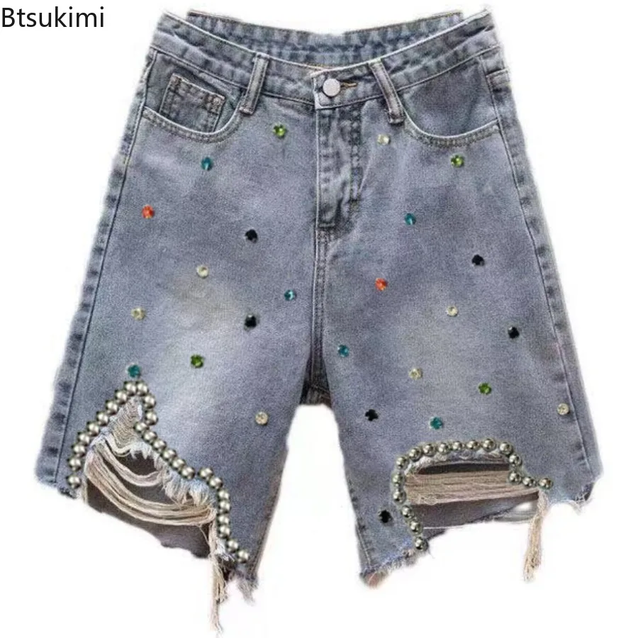 

New 2026 Women's Denim Shorts Diamond-mounted Design Casual Loose Ladies Jeans Trend Streetwear High Waist Straight Denim Pants
