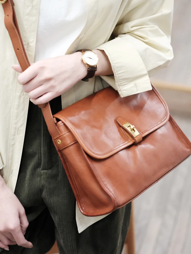 Vegetable Tanned Cowhide Women's Bag Vintage Messenger Bag Leather Ins Style Niche Commuter Single Shoulder Crossbody Bags