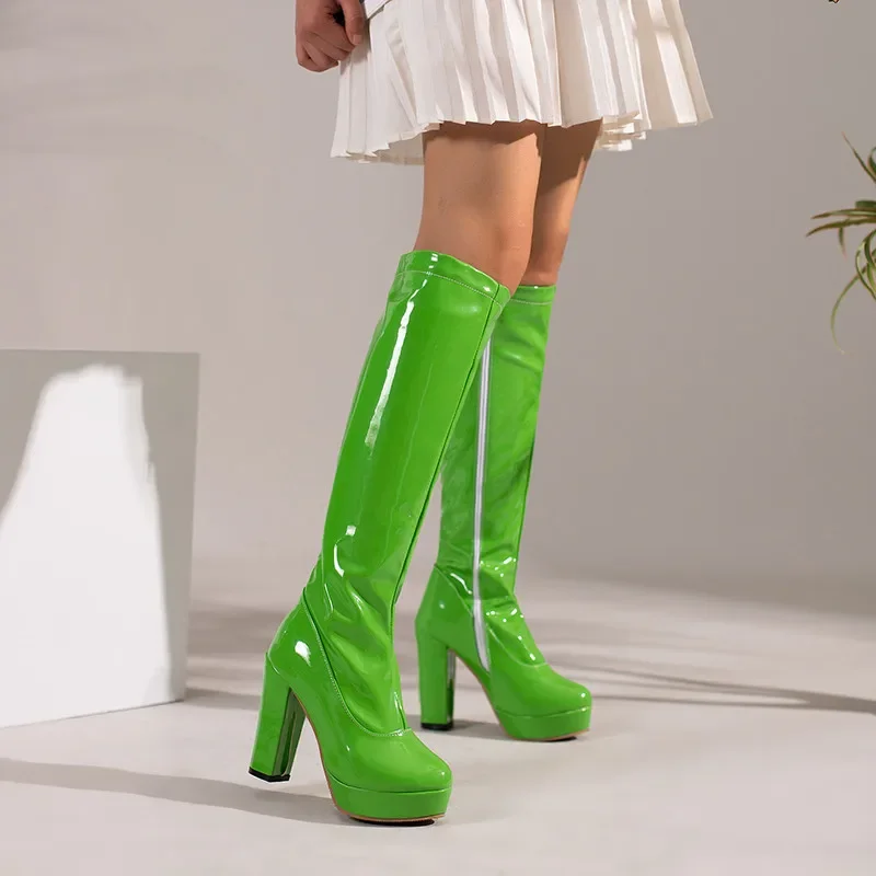 Women Yellow Knee High Platform Boots Candy Color Red Green Purple Patent Leather Chunky Heels Sexy Party Club Lady Zipper Shoes