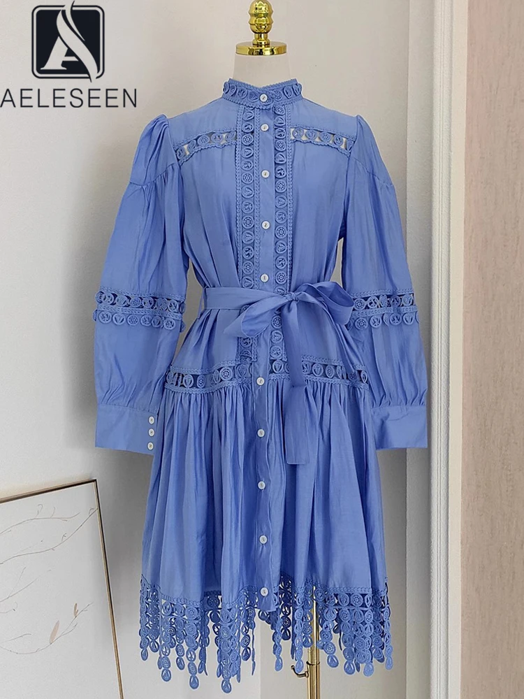 

AELESEEN Spring Summer Loose Dress For Women Designer Fashion Lantern Sleeve Turtleneck Flower Print Holliw Out Belt Tassel Mini