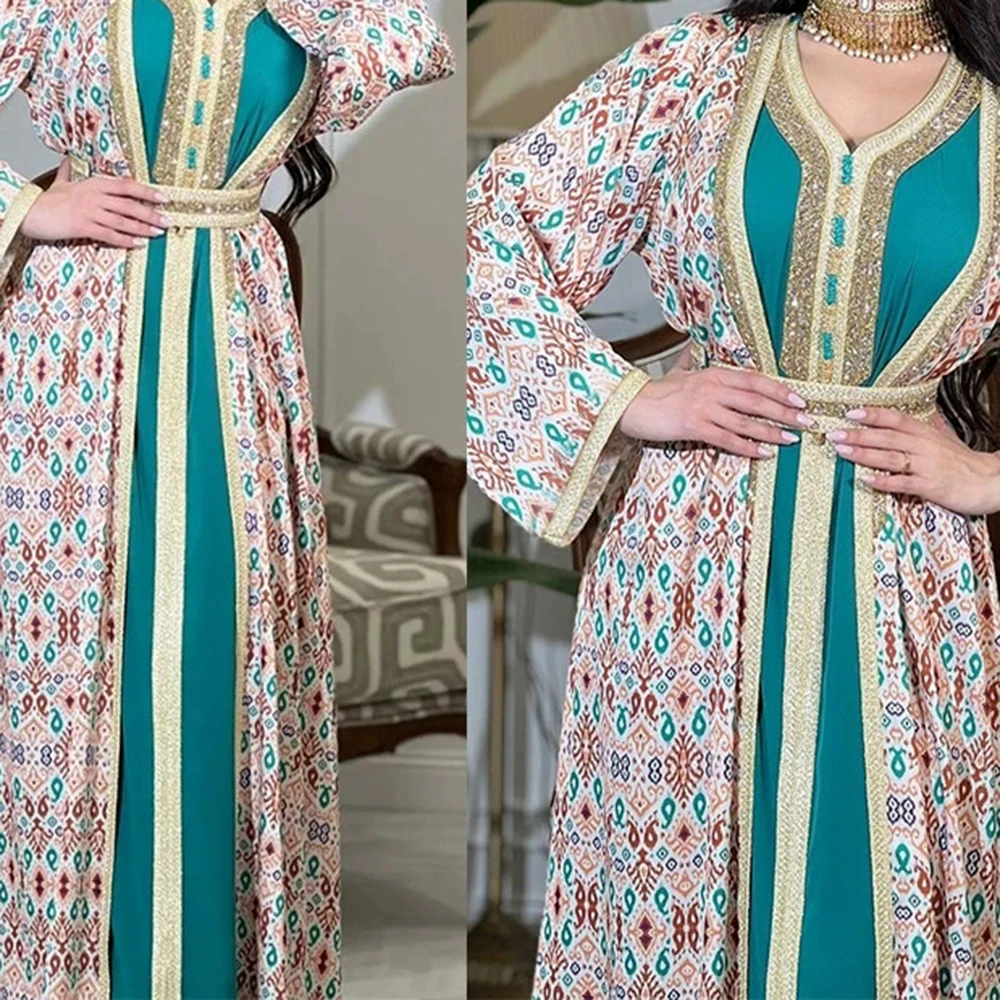 

cross-border Muslim clothing Saudi Dubai women's robe two-piece set light luxury diamond hot diamond-GZXX605
