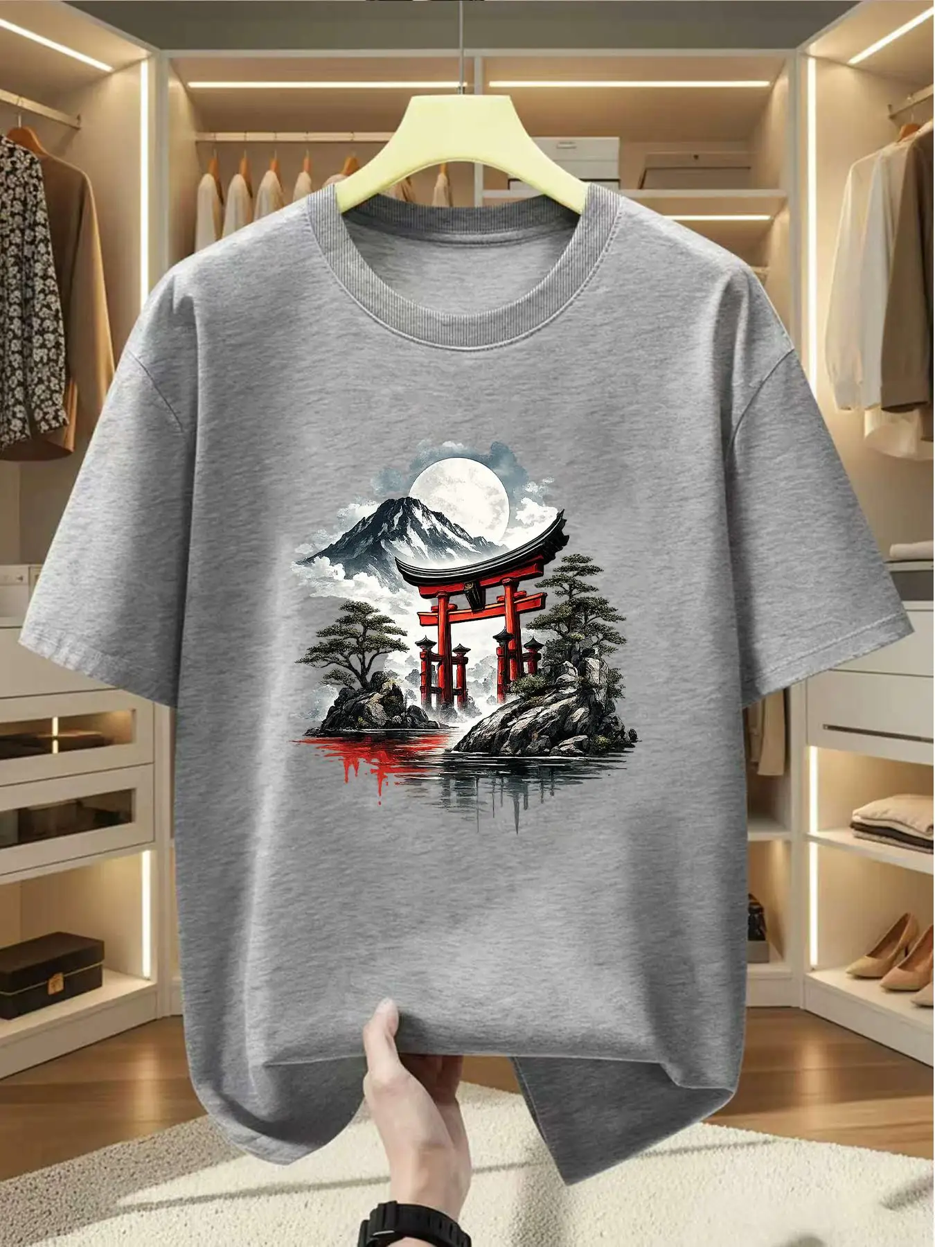 Men'S T-Shirt 100% with Japanese Torii Gate and Mount Fuji Scenic Print Comfortable Casual Short-Sleeved Tee for Summer