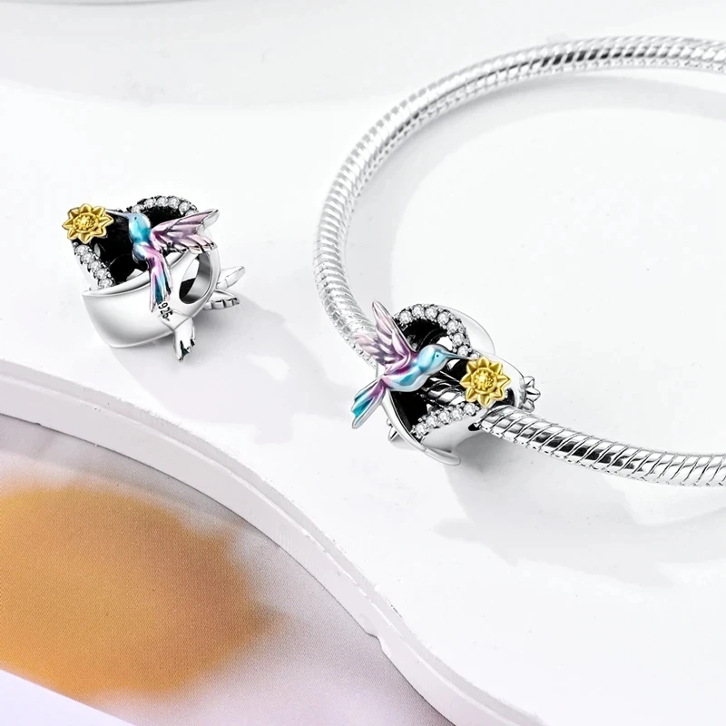 Charms Silver 925 Hummingbird Sunflower Heart-shaped Beadss Fit Charms Plata 925 Original Bracelet Beads Women Jewellery Making