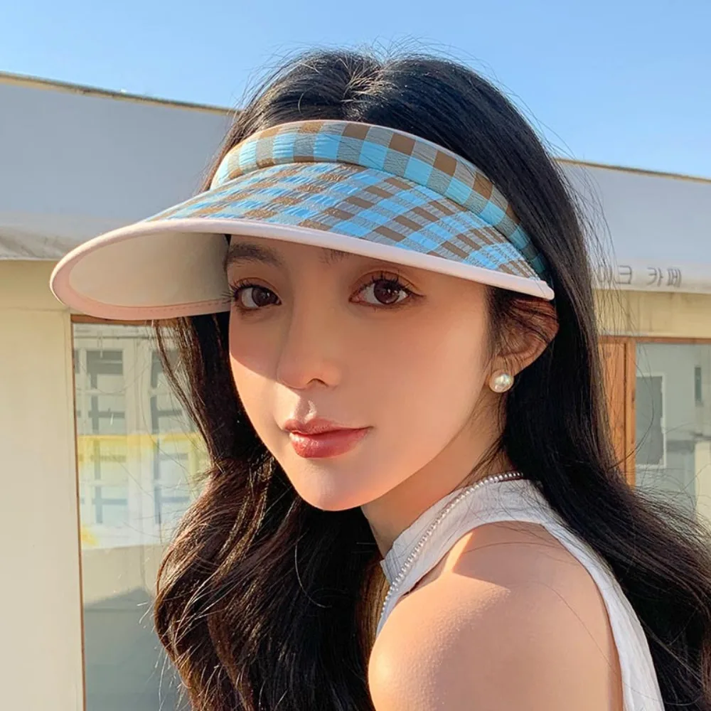 

Plaid Print Large Brim Sun Hat Hair Hoop Style Pastoral Style Summer Empty Top Cap Anti-UV Korean Style Sun Protection Hats
