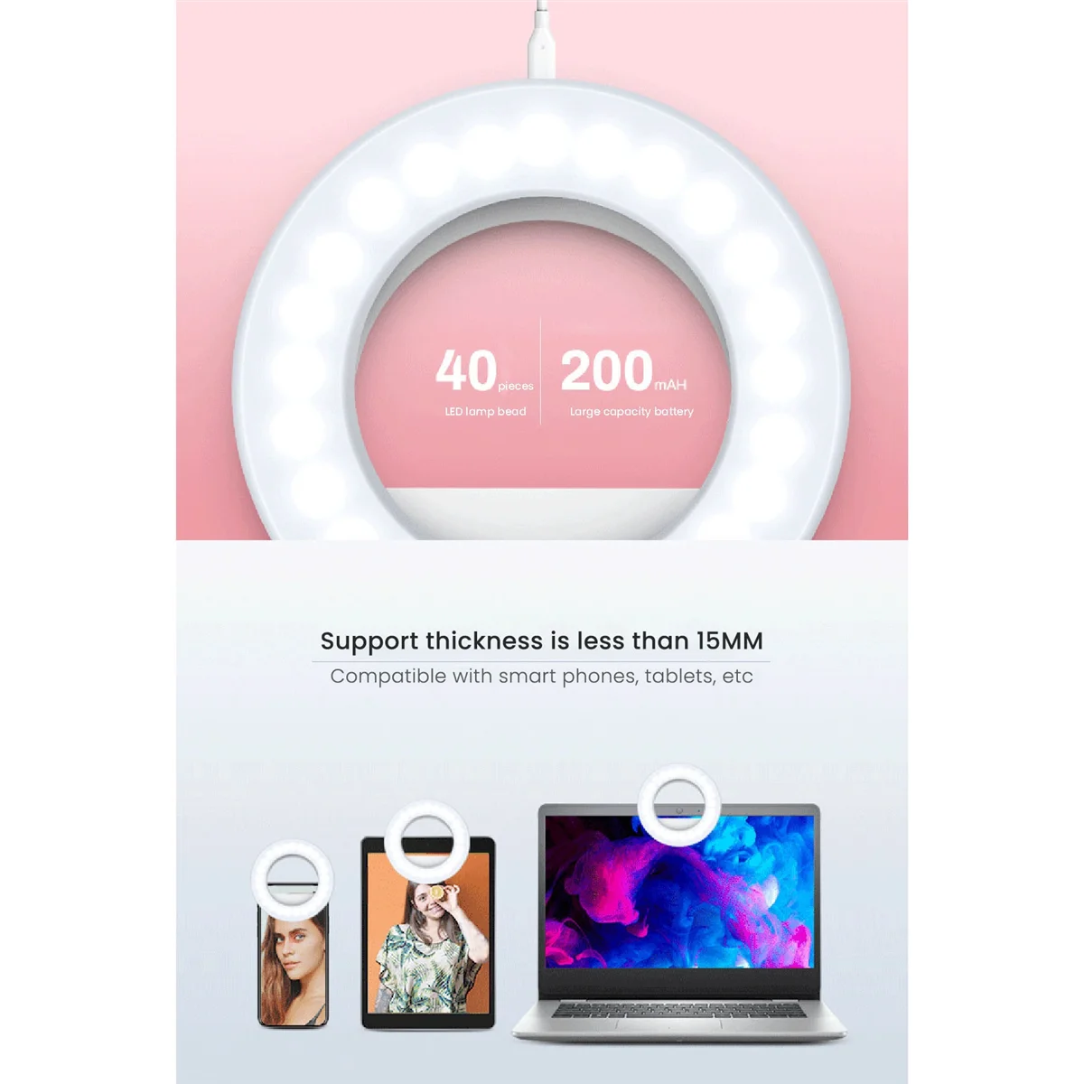 Кольцевой светильник для селфи для телефона Кольцевой светильник для селфи для телефона Перезаряжаемый светильник для сотового телефона с зажимом и камерой для ноутбука 3 регулируемых режима освещения