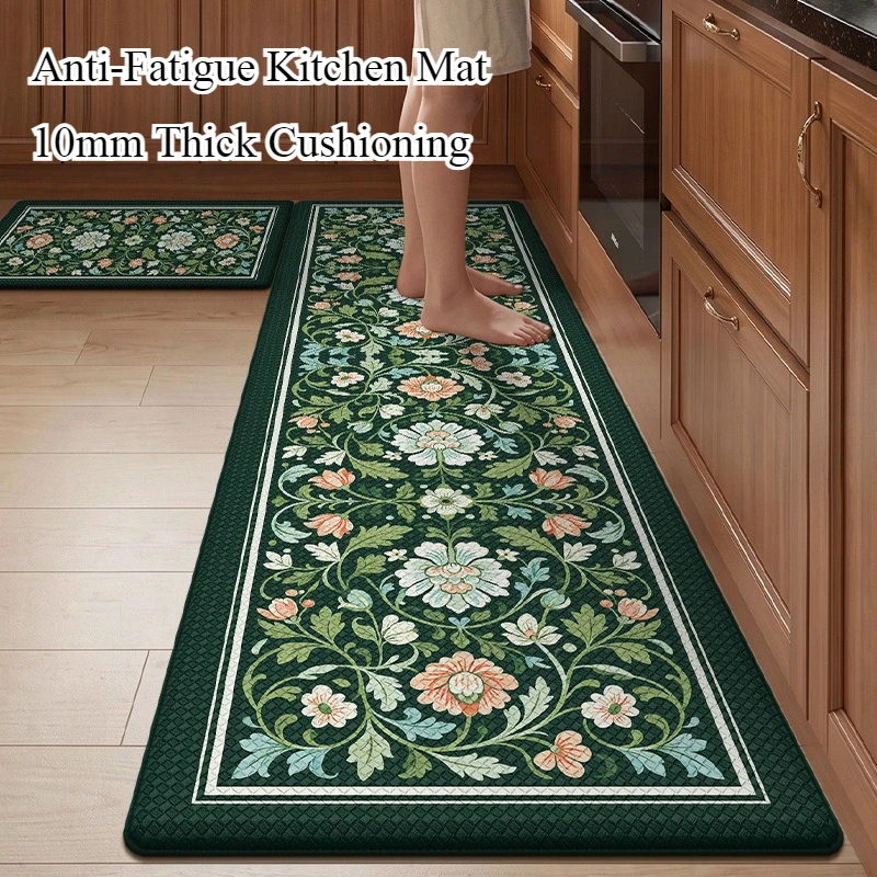 Vintage Floral Kitchen Rug, PU Leather Slow Rebound Anti Fatigue Mat, Oil Proof Waterproof Dirt Resistant, Double Non Slip