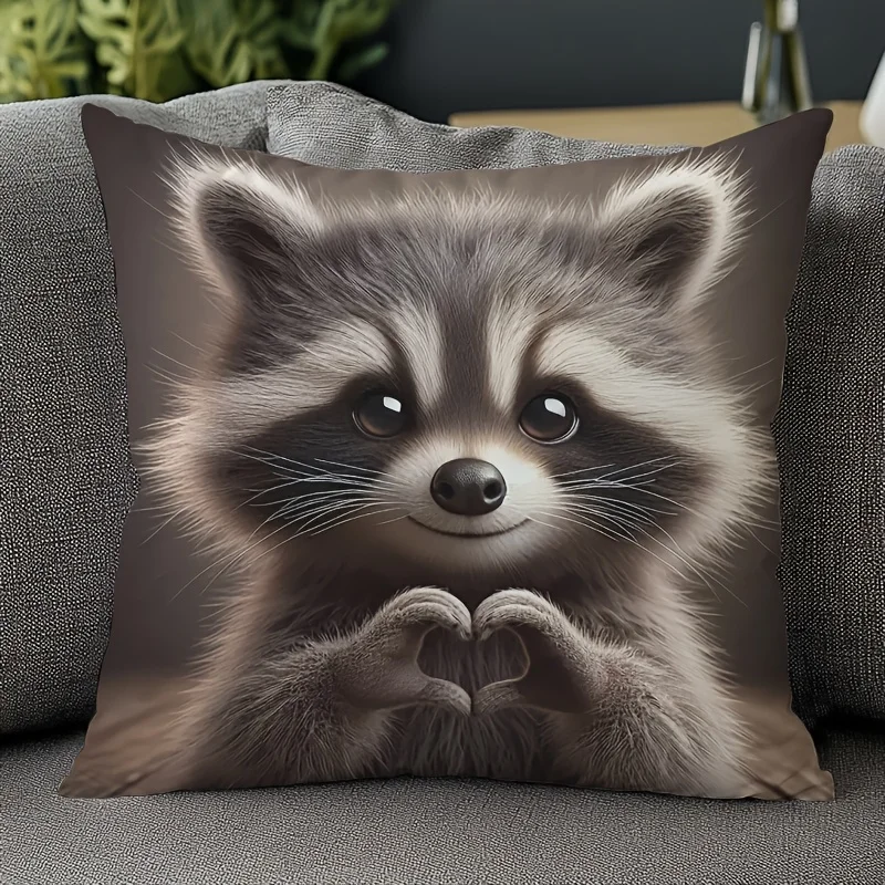 Adorable Raccoon Heart Gesture Pillow Cover for Cozy Home Decor and Comfortable Sofa Cushion, Perfect Unique Gift
