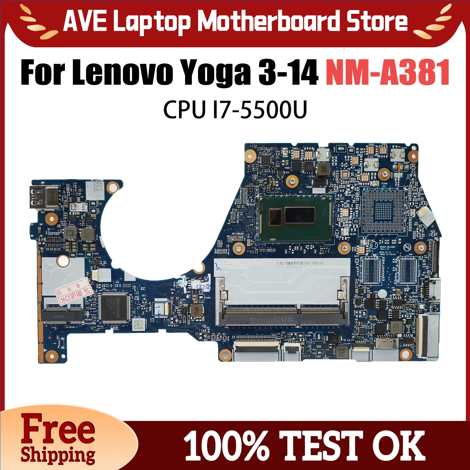 NM-A381 Notebook Mainboard For Lenovo YOGA3 14 YOGA 3-14 Laptop Motherboard With I7-5500U CPU FRU 5B20H35602 5B20H35614