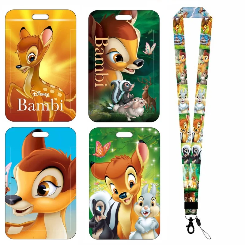 Disney Bambi Girls Boys Badge Holder Slide Cover Student Card Case Hanging Rope Employee Case Lanyard ID Name Card Holder