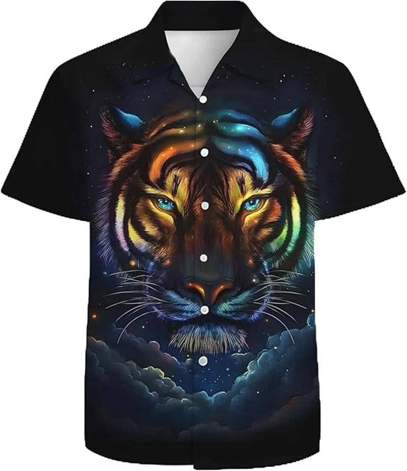Camisas de Manga Curta com Estampa de Animais (Leão, Cavalo, Tigre) para Homens, Blusas Femininas com Estampa de Animais Havaianos, Blusas de Verão Mo