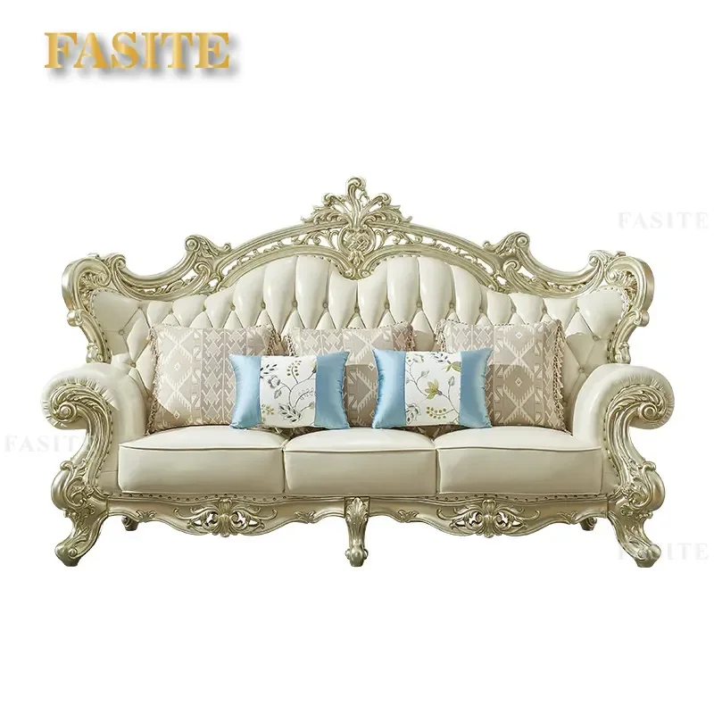 For Large Villa Living Room Carved Solid Wood Leather Sofa Set French Luxury Style Fully Equipped Reception Furniture