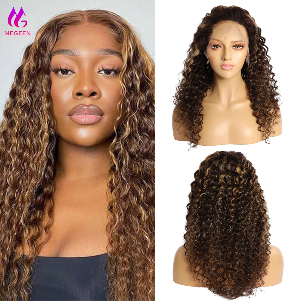 Megeen Deep Wave Highlight Human Hair Lace Front Wig with Baby Hair P4/27 Curly 13x4 HD Transparent Lace Frontal Wig Virgin Hair