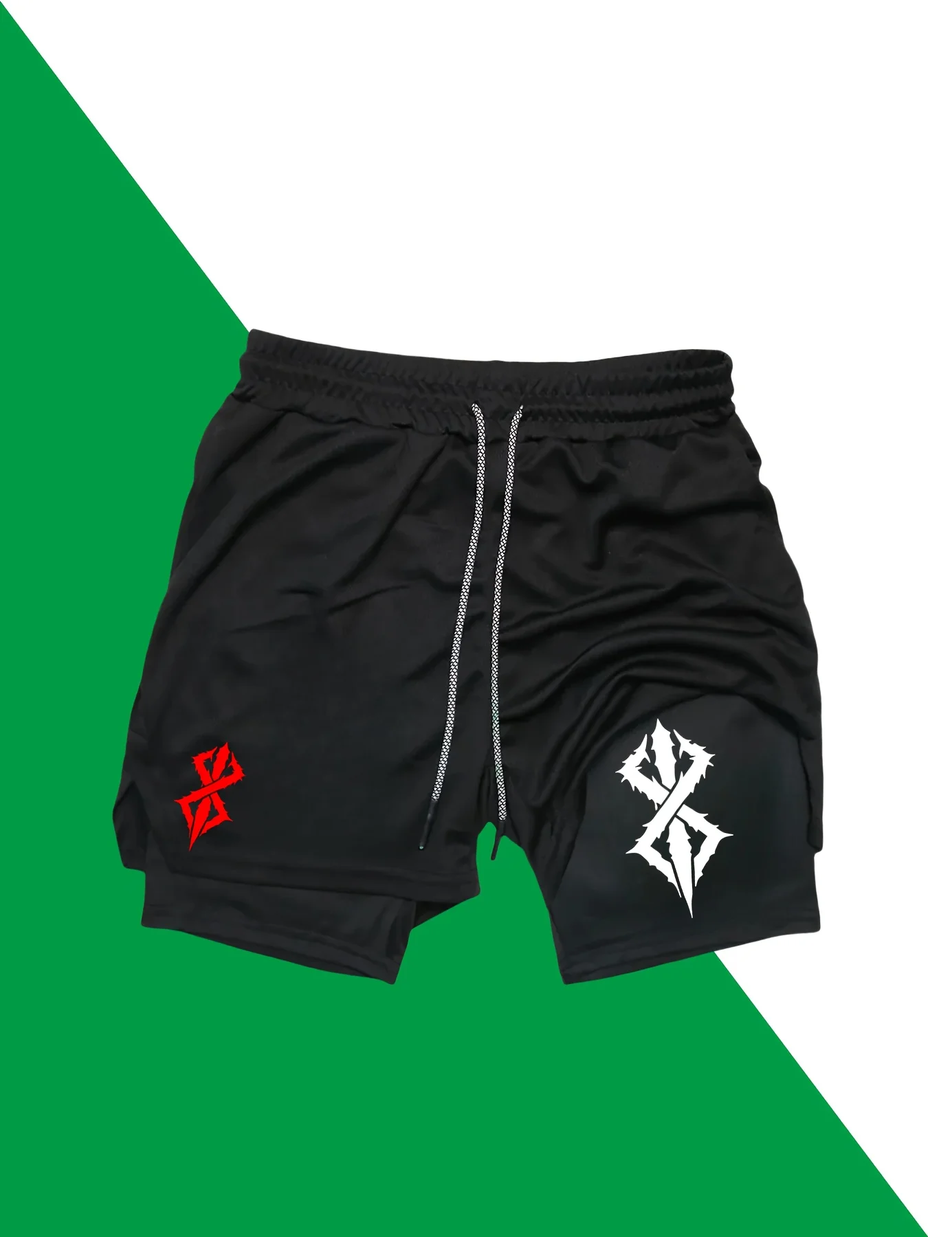 

2-in-1 Double-Layer Men's Athletic Shorts Print Elastic Waistband Workout Shorts Running Training Black Red/White Gym Shorts