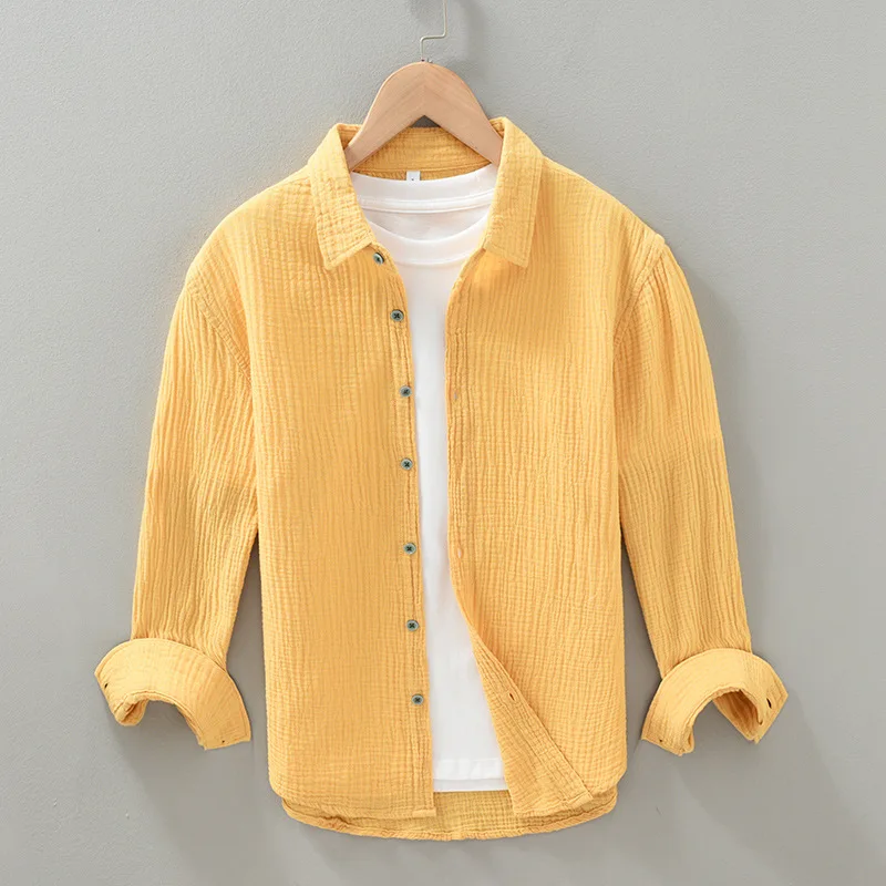 100% Cotton Long Sleeve Shirts Man Spring Fall Daily Fresh Tops Square Collar Yellow Bubble Shirt Japanese Style Causal Shirts