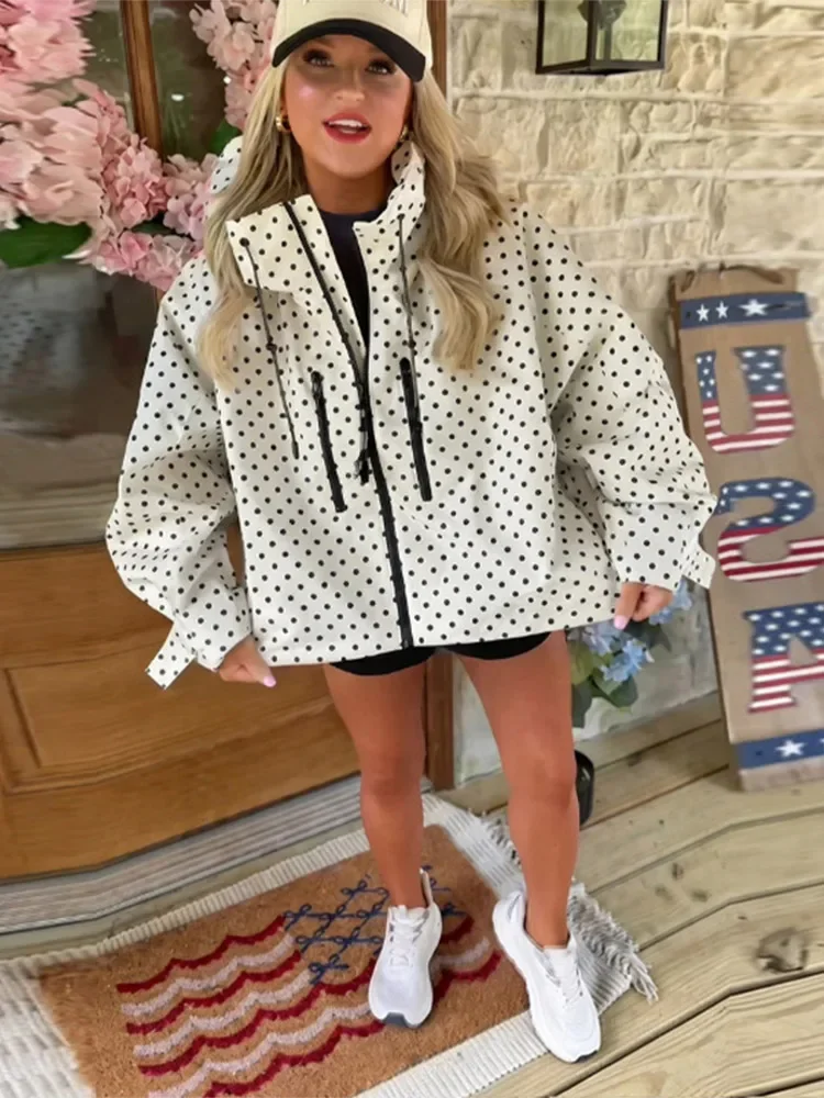 Autumn Polka Dot Women's Hooded Coat Loose Multi Pocket Drawstring Waist Long Sleeve Zip Up Female Jacket 2026 Autumn Outwears