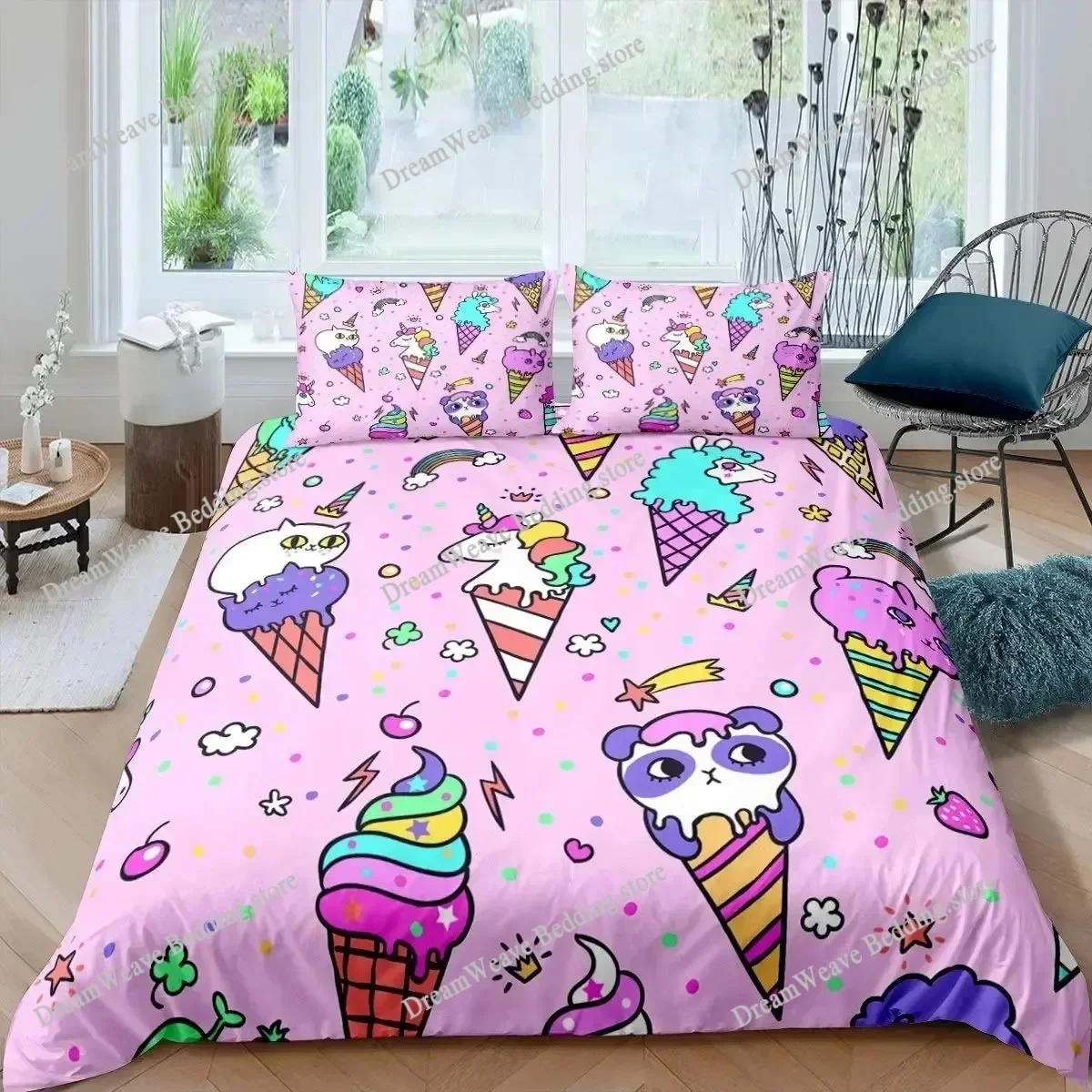 Summer Theme Duvet Cover Set,Cartoon Fruits Ice Cream Bedding Set Dessert Food Soft Light Khaki Quilt Cover Luxury Gift