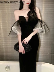 Elegant Evening Party Midi Dress Women Sexy Mesh V-neck Chic Design Formal Occasion Dress Summer Casual Vintage One Piece Dress