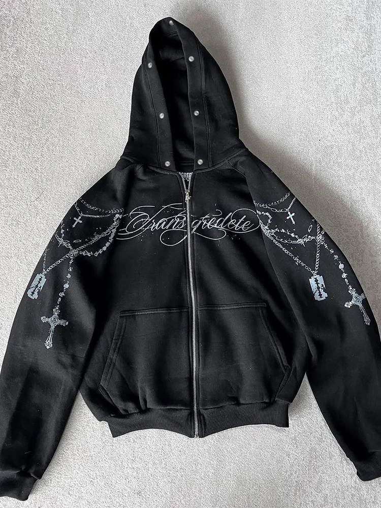 سترة نسائية شتوية عصرية بغطاء للرأس من الفرو الصناعي على الطراز القوطي مع طباعة متقاطعة سترة عصرية بسحاب علوي جديد 2025 #5