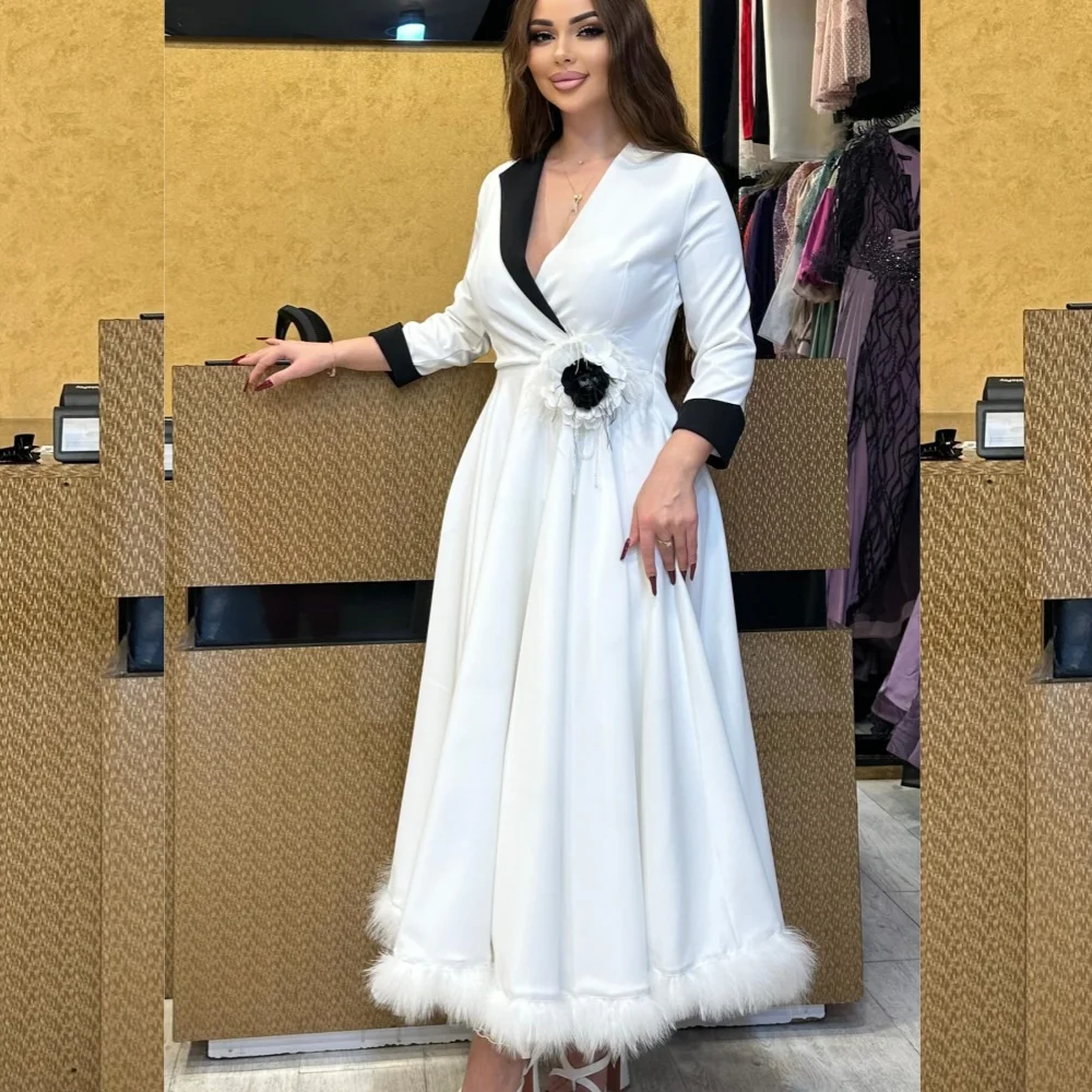 Customized Sexy Casual   Evening Jersey Feather Handmade Flower Evening A-line V-neck Bespoke Occasion Gown Midi Dresses