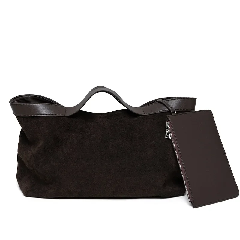Vintage Soft Suede Leather Tote Bag Womens Large Capacity Shoulder Crossbody Bag Wallet Adjustable Strap Winter Daily