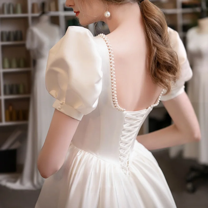 

Silk Satin Light Wedding Dr Long Ele White Simple Fem Sle Escape Princ Fairy T Ele Long Dr