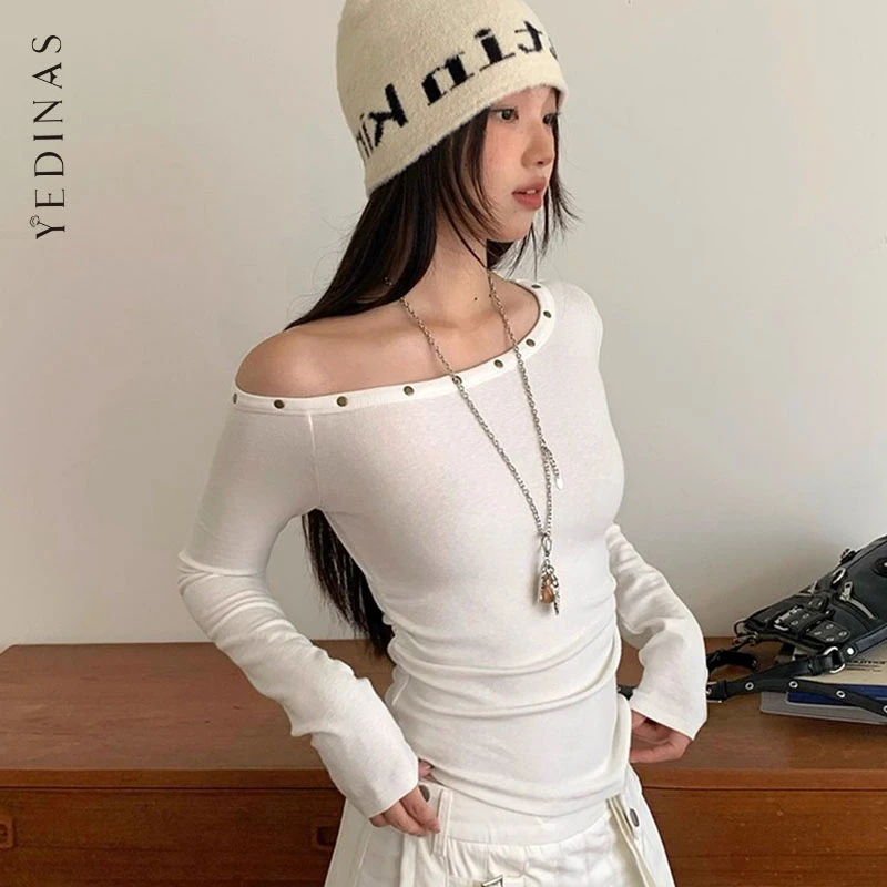 

Yedinas Streetwear Rivet Off Shoulder Slim Women's T-shirt Long Sleeve Korean Fashion Tees Female Clothing Autumn Tops Y2k Chic