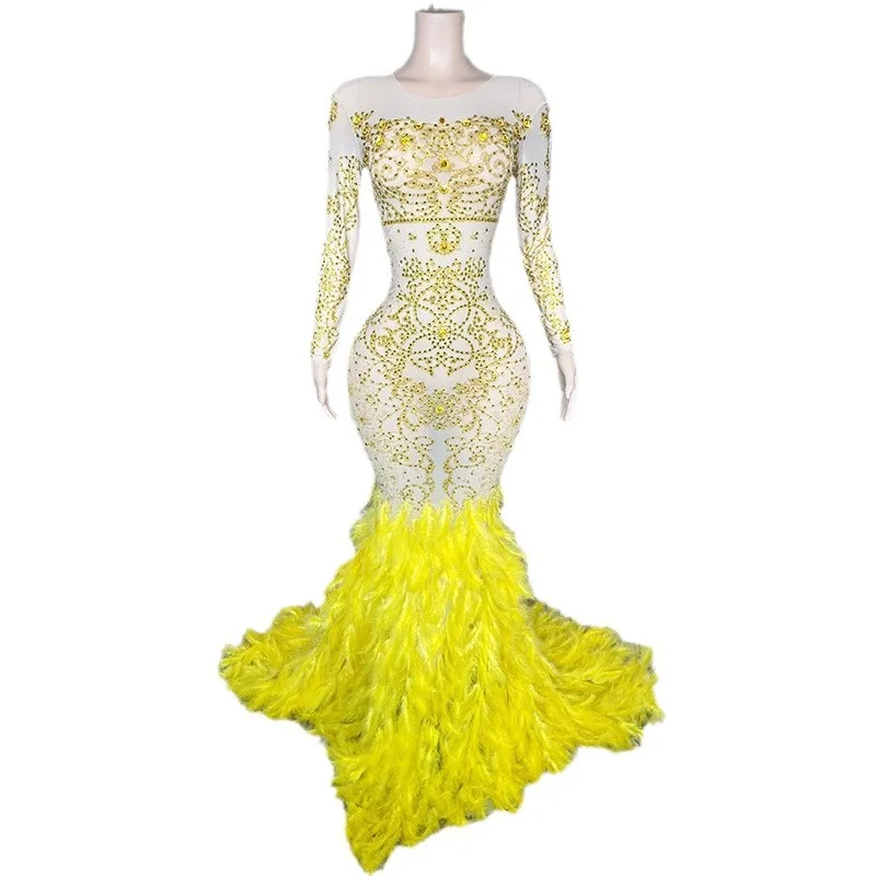 노란색 오라 퀸 깃털 과장된 무대 공연 드레스 레드 카펫 패션쇼 공연 드레스 Vestidos Para Festas De Luxo