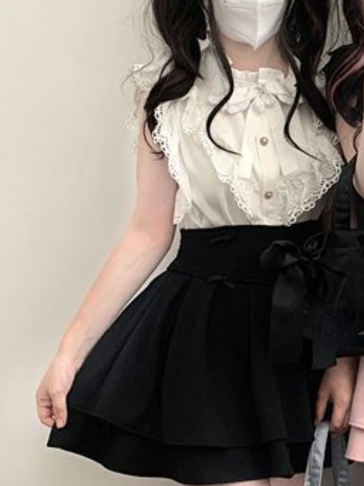 Kawaii Girl Sweet Lolita Flying Sleeve Shirt Y2k Aesthetic Lace Patchwork Blouse Women Japanese Tops Female Elegant JK Bow Blusa