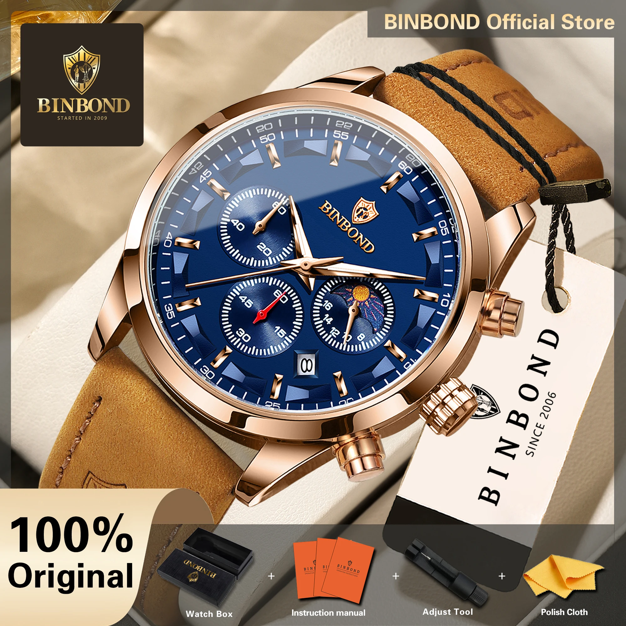 BINBOND Luminous Waterproof Chronograph Men's Watch Luxury Quartz Leather Wristwatches For Men Montres Hommes Reloj +Gift Box