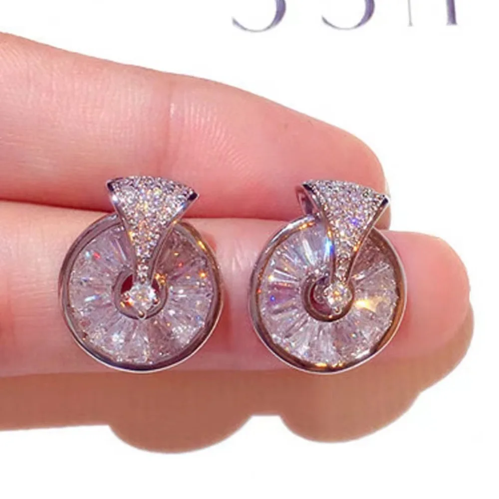 Korean earrings Shiny Cubic zirconia earrings Unique disc design Simple party everyday accessories Girl Christmas gift