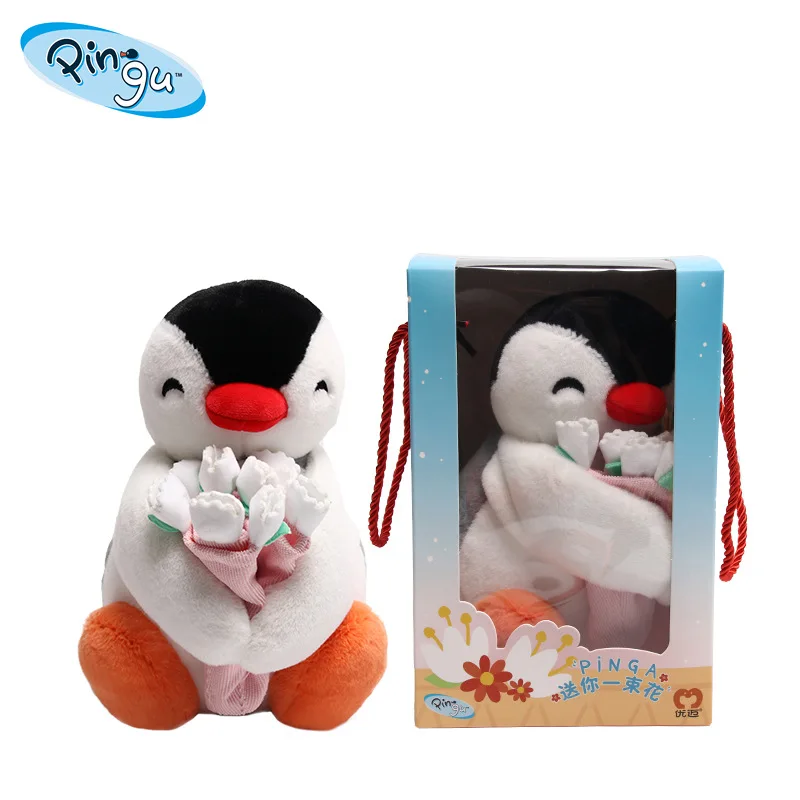 25 cm Genuino Pinguino Famiglia Ti Invia Un Bouquet Di Fiori Serie Peluche Cuscino Comfort Compagno Bambola Carina Ornamento Da Tavolo