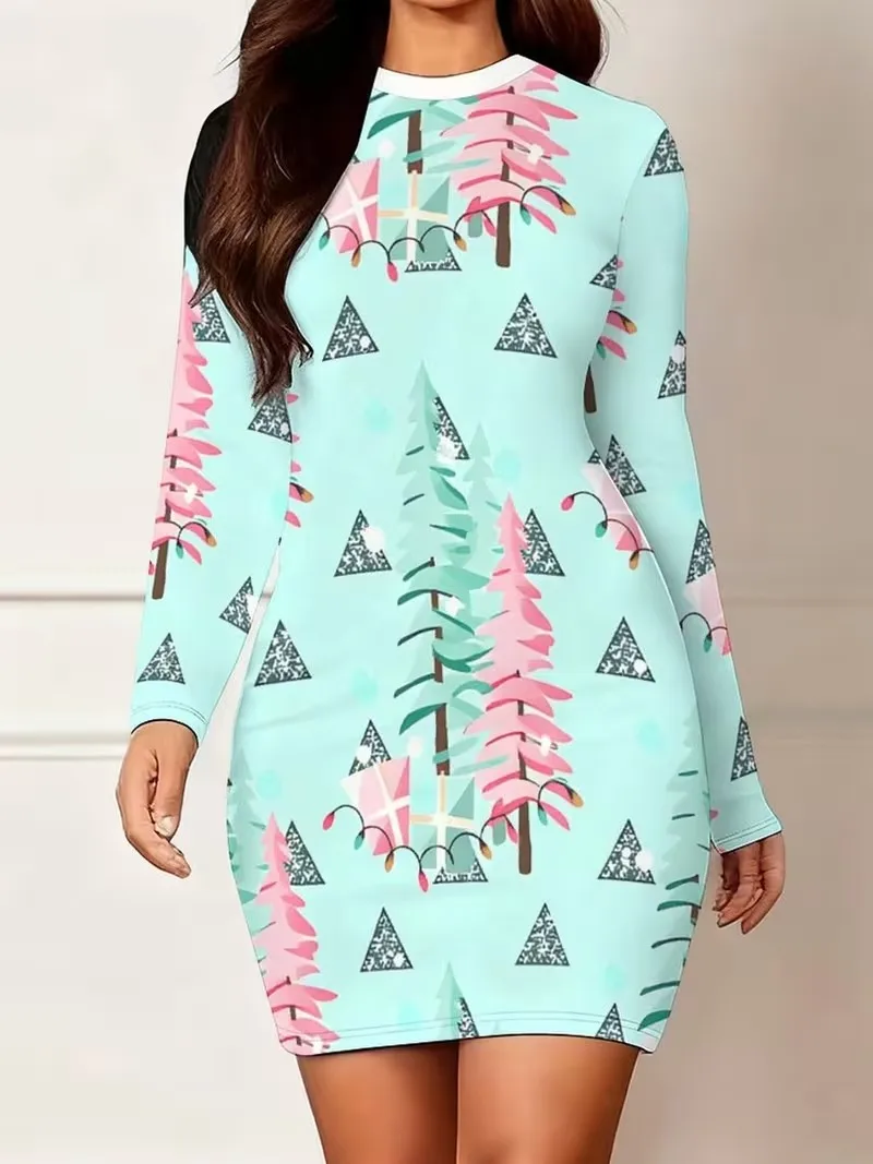 Lady tight fitting dress 3D Christmas elements fun Christmas snowman print dress autumn long sleeved round neck slim mini dress
