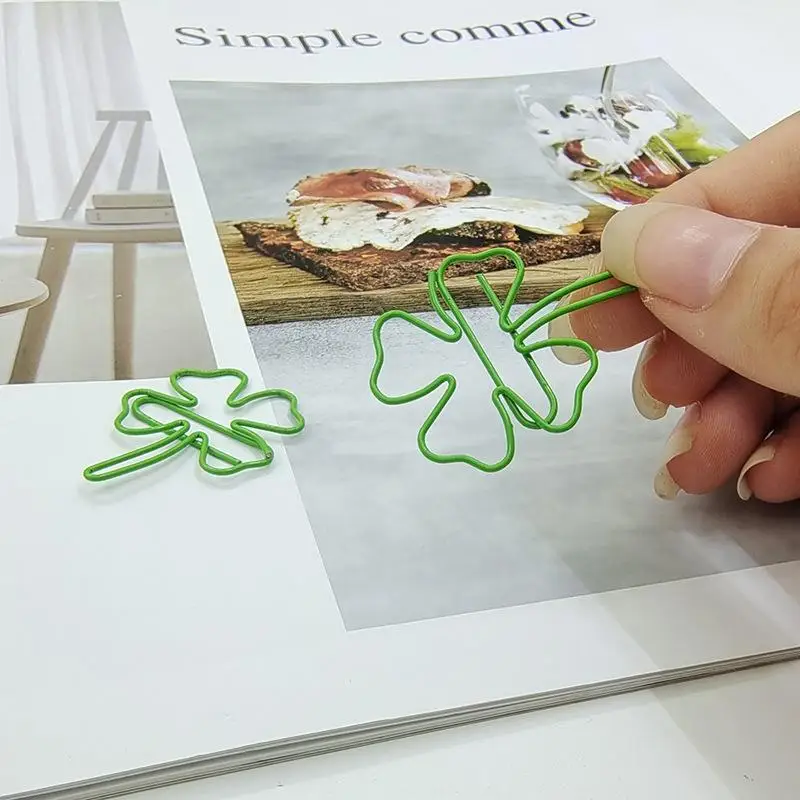 50 Pcs INS Style Green Clover Paper Clips, Clippings, Decorative Clips, Mini Metal Bookmarks, Office Desk Accessories