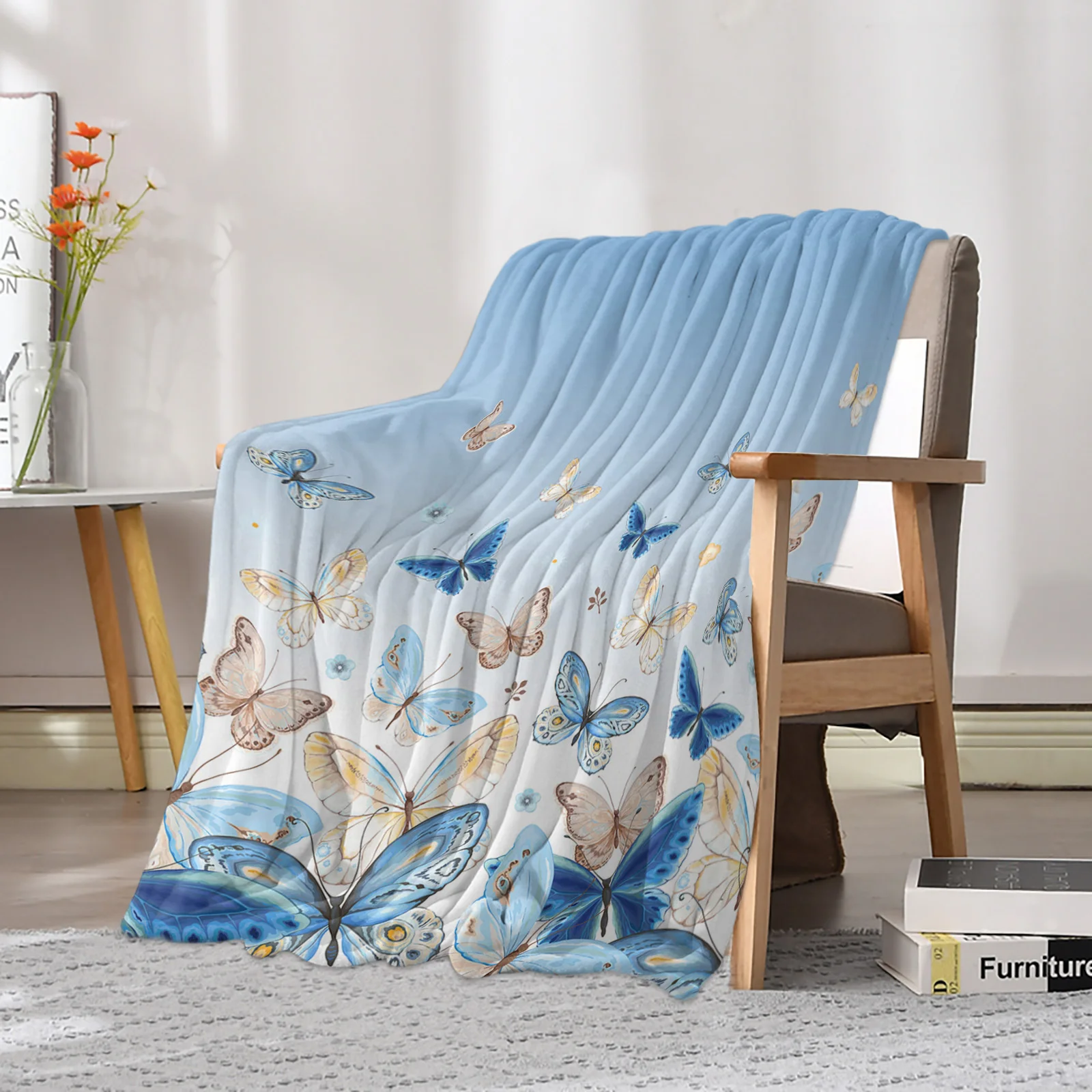 Pastoral Butterfly Blue Gradient Printed Throw Blanket Flannel Fleece Blankets Soft Throws for Sofa Couch Bed Bedroom Bedspread