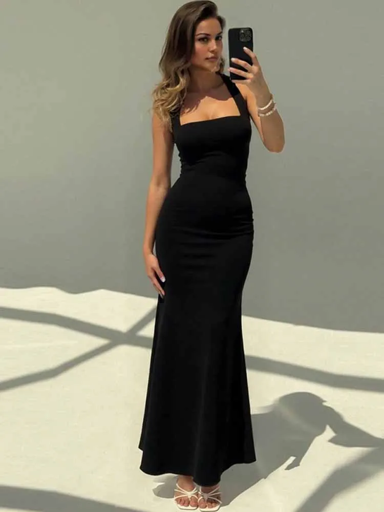 

BKQU сексуальное облегающее платье макси с лямкой на шее для женщин, черное платье без рукавов с квадратным воротником и открытой спиной, модное простое клубное вечернее длинное платье 2025