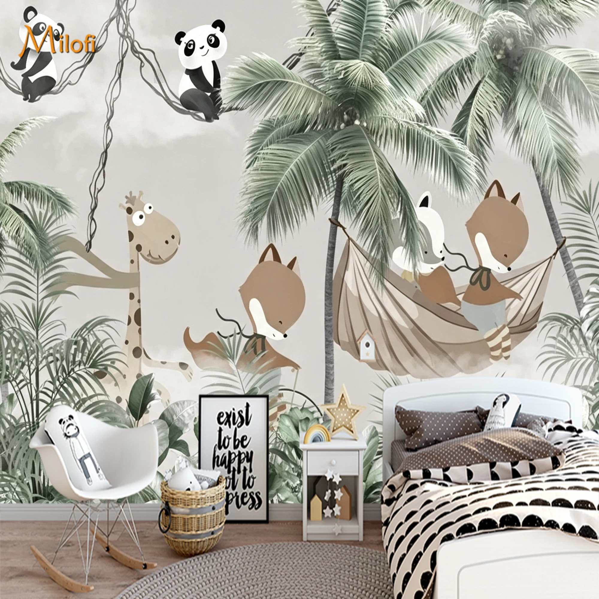 Custom Mural Wallpaper Kids Jungle Animal Peel And Stick Wall Mural Panda  Giraffe Palm Tree Tropical Foliage For  Bedroom Home