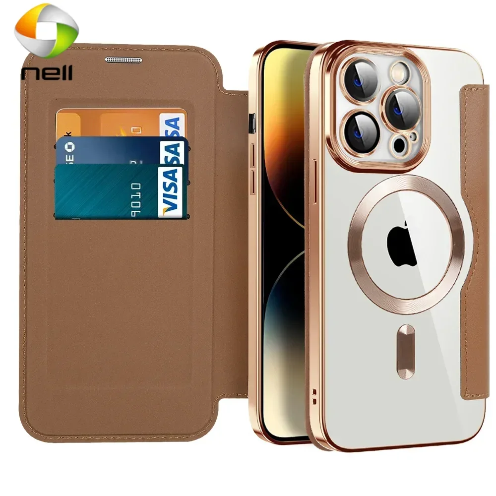 

Flip Leather Macsafe Case for Magsafe IPhone 14 12 13 11 15 16 Pro Max Plus 15Pro i16 Wallet Card Holder Macsafe Magnetic Cover