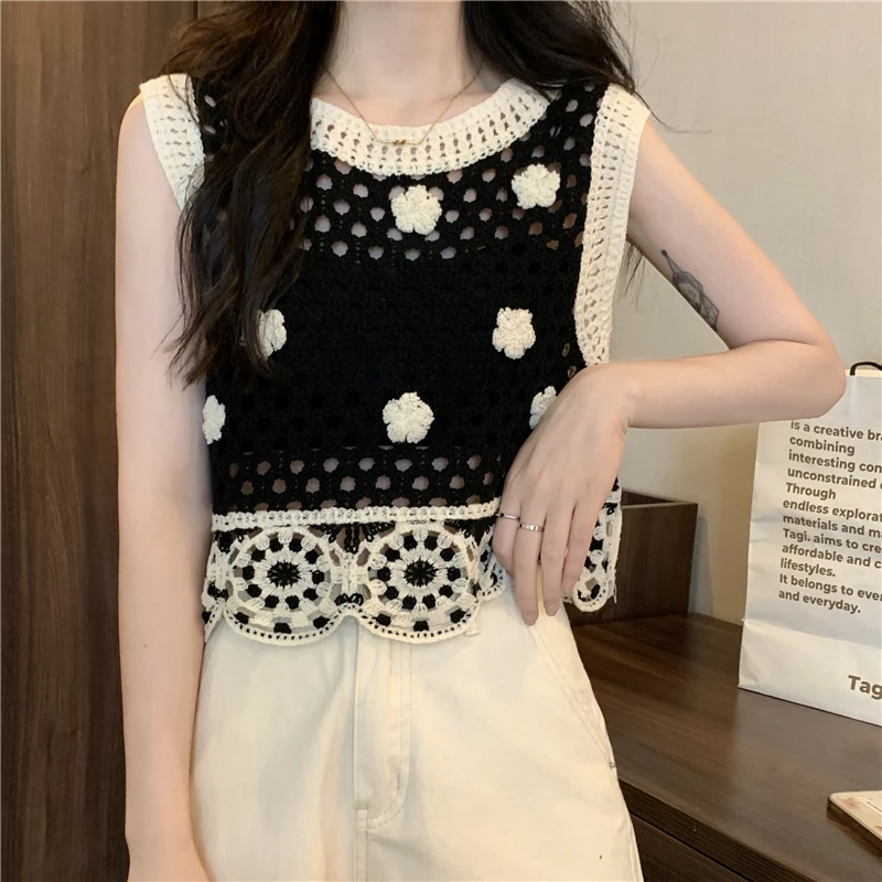 

Винтажный вязаный крючком топ на бретелях с цветочным принтом, женский праздничный пляжный топ без рукавов в стиле бохо, милый черный, бежевый летний топ в корейском стиле
