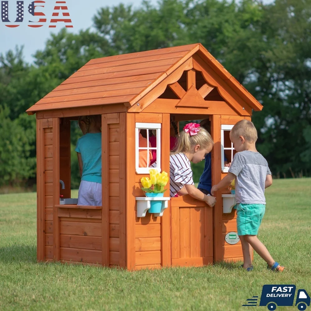 

Cedar Wooden Kids Playhouse with Snack Bar Window Play Kitchen Toy Sink Stove Outdoor Imaginative Fun