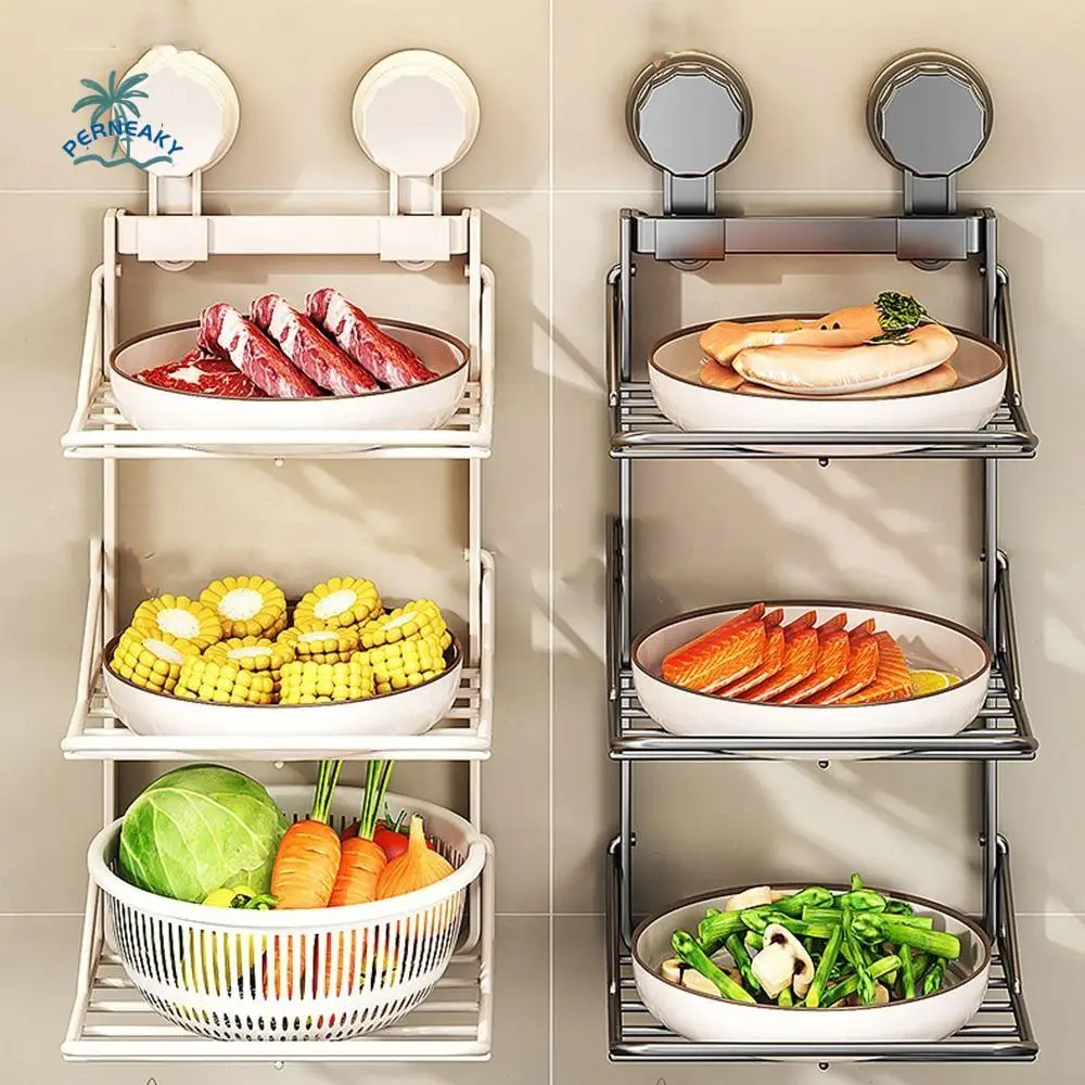 

Suction Cup 3 Layers Foldable Storage Tray Carbon Steel Wall Mounted Food Preparation Tray Space Saving Punch-Free