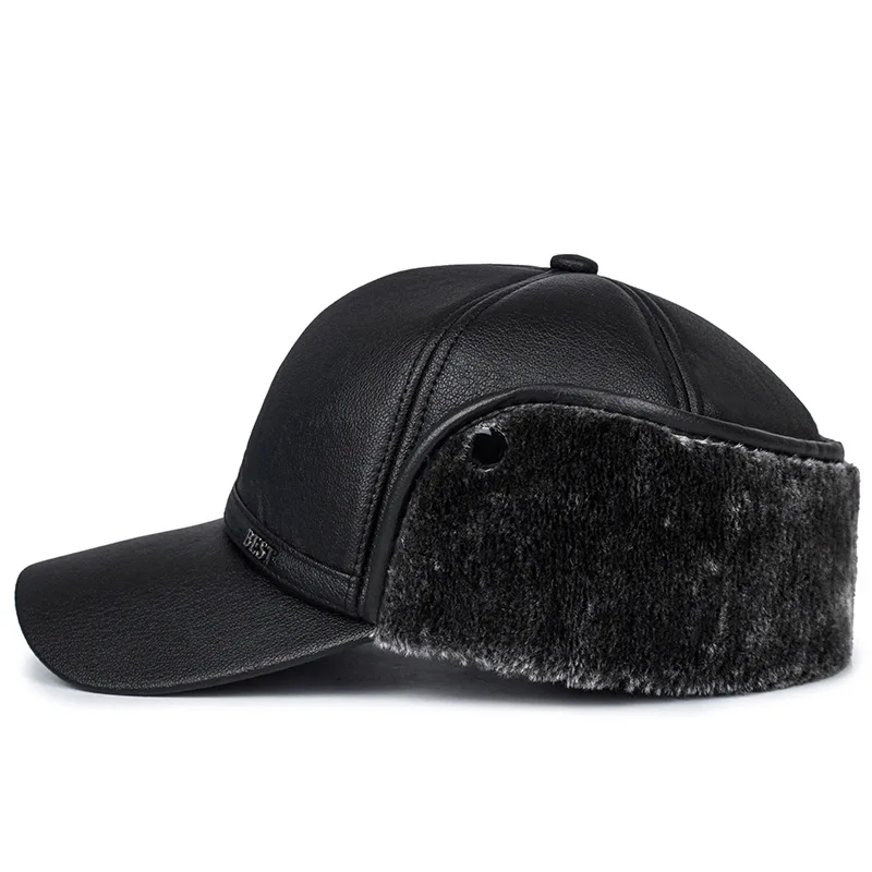 Mens Winter Hat Leather Baseball Caps Bomber Hats Men Snapback Hat Father Fishing Casquette with Earflaps Thicken Fur Warm Caps