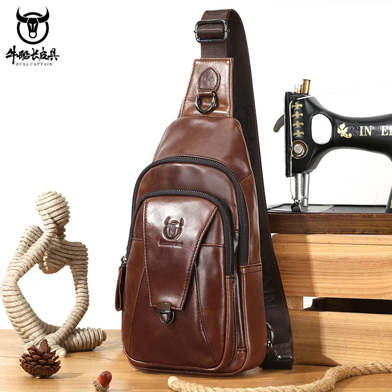 BULLCAPTAIN Men's Genuine Leather One Shoulder Crossbody Chest Wrap with Cowhide Fashionable Multi functional Sports