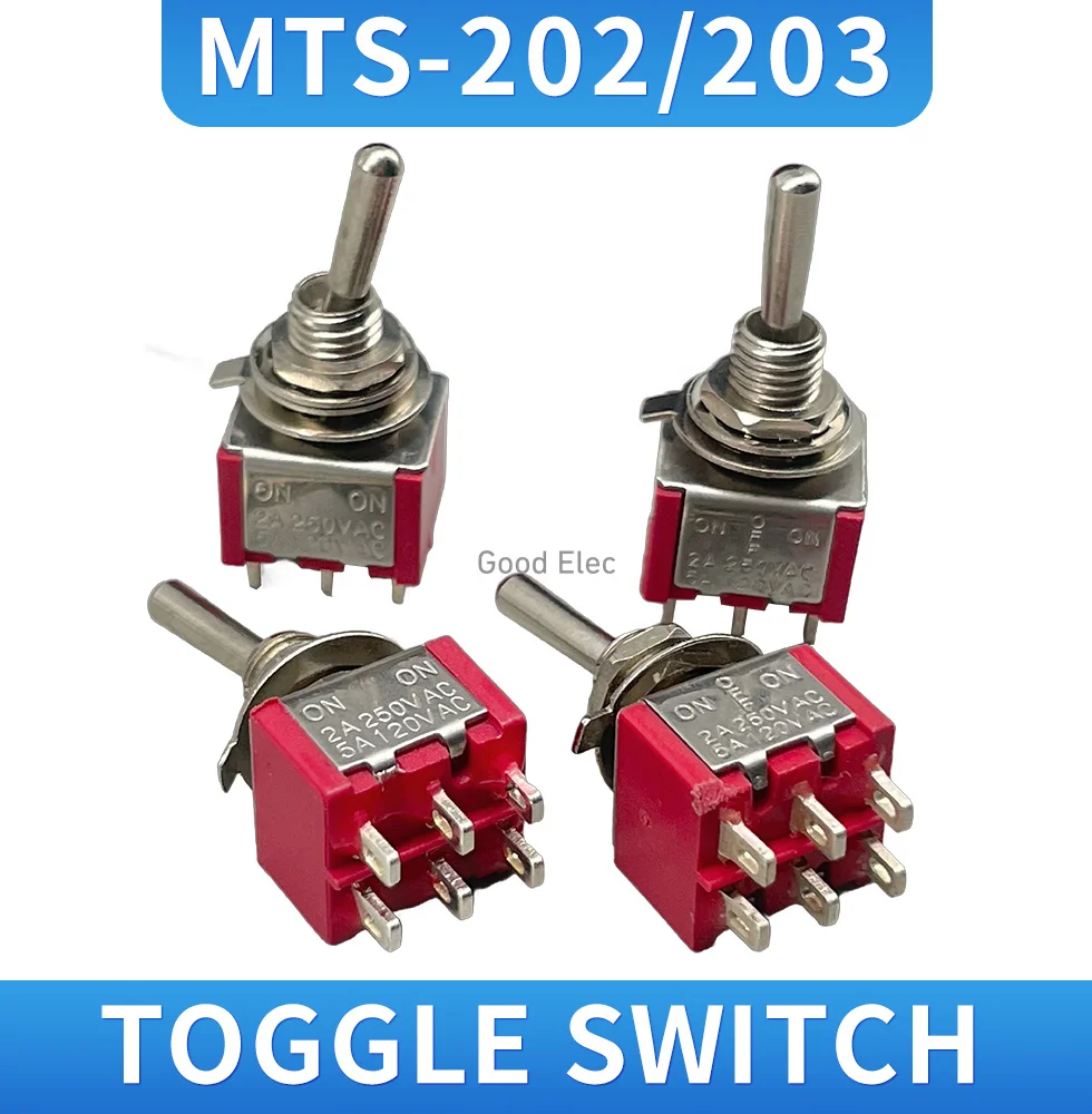 5 SZT. Mini Przełącznik Dźwigniowy MTS-202 MTS-203 Czerwony DPDT Dwubiegunowy Dwupozycyjny 2 Pozycje ON-ON/ON-OFF-ON 250V 3A 125V 6A