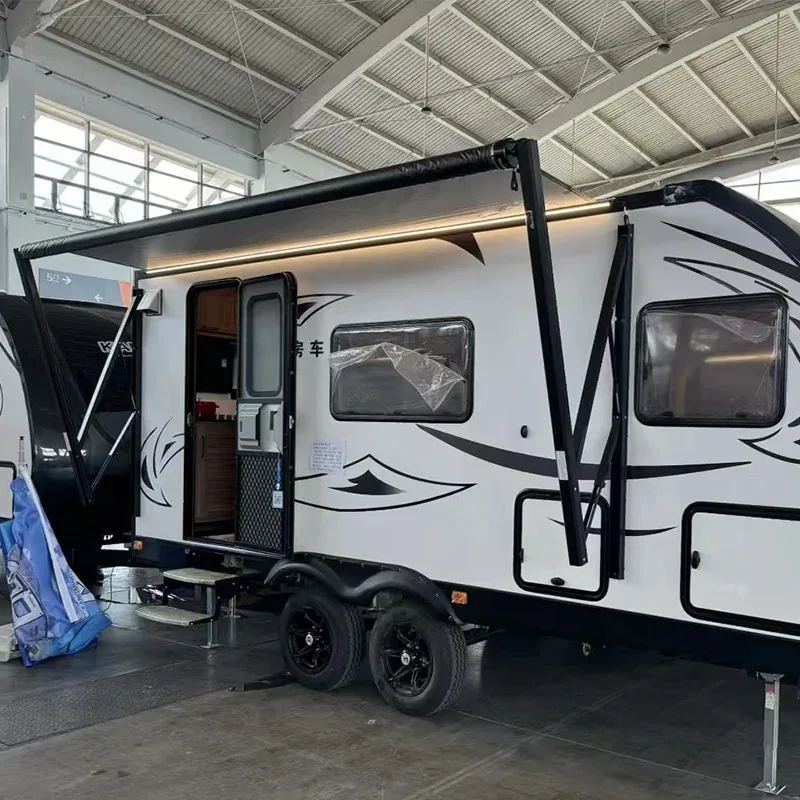 

Manual Awning for Travel Trailer Adjustable Sunshade Fabric 12V LED Light Included for Outdoor Camping