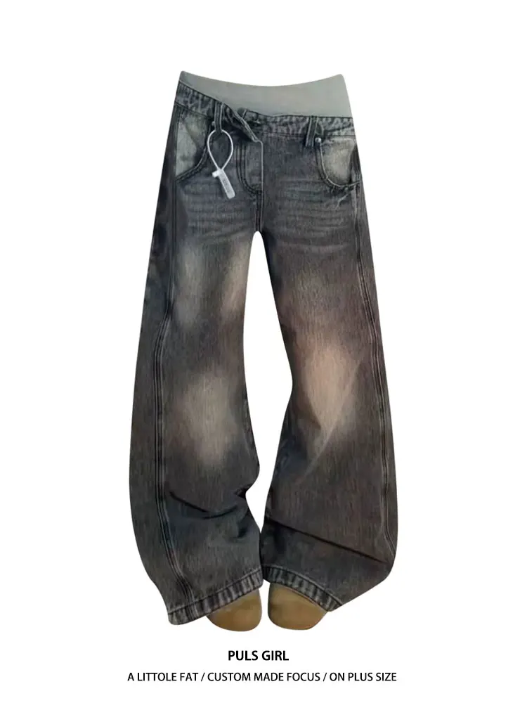 

Retro American Large Size Women's Jeans High Waist Trousers with Double Waist Design Washed Loose Drapey Wide Leg Pants