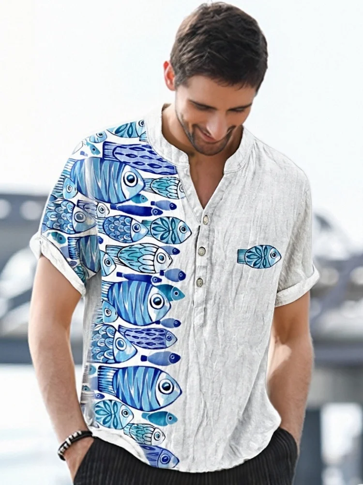 

Vintage Japanese Fish Pattern V-Neck Shirt Men's Holiday Summer 2026 Short Sleeve V-neck Sports Bohemian Tops Buttons Tunics