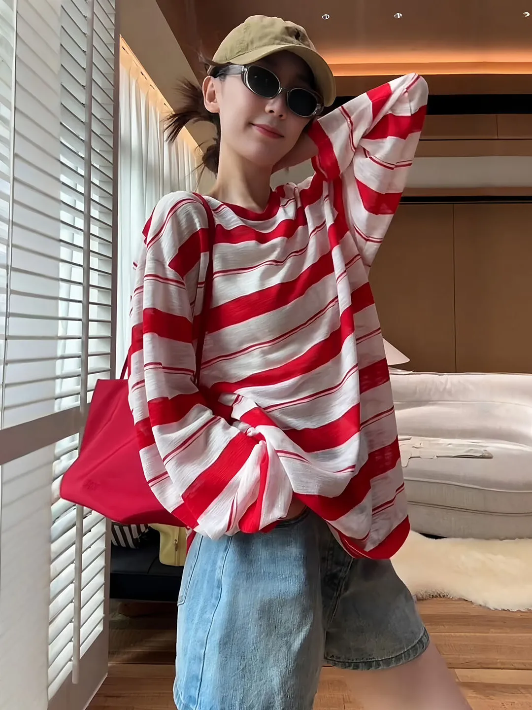 Loose Fit Long Sleeve Red Stripe T-Shirt Women's plus Size Lightweight Summer UV Protection Korean Style Top Casual Wear