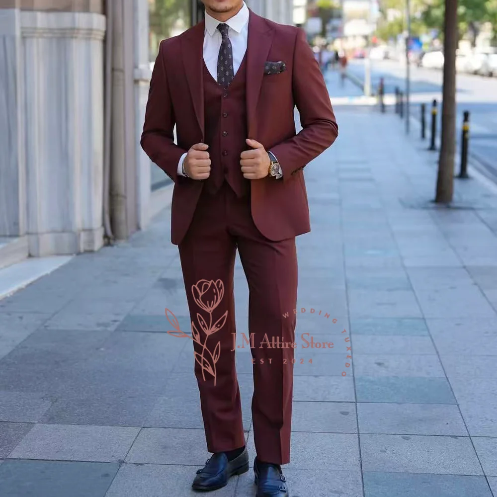 بدلة رسمية للرجال باللون العنابي مكونة من 3 قطع سترة ذات طية صدر السترة بنطلون مصنوع خصيصًا لحفلات الزفاف والعريس وحفلات التخرج #2