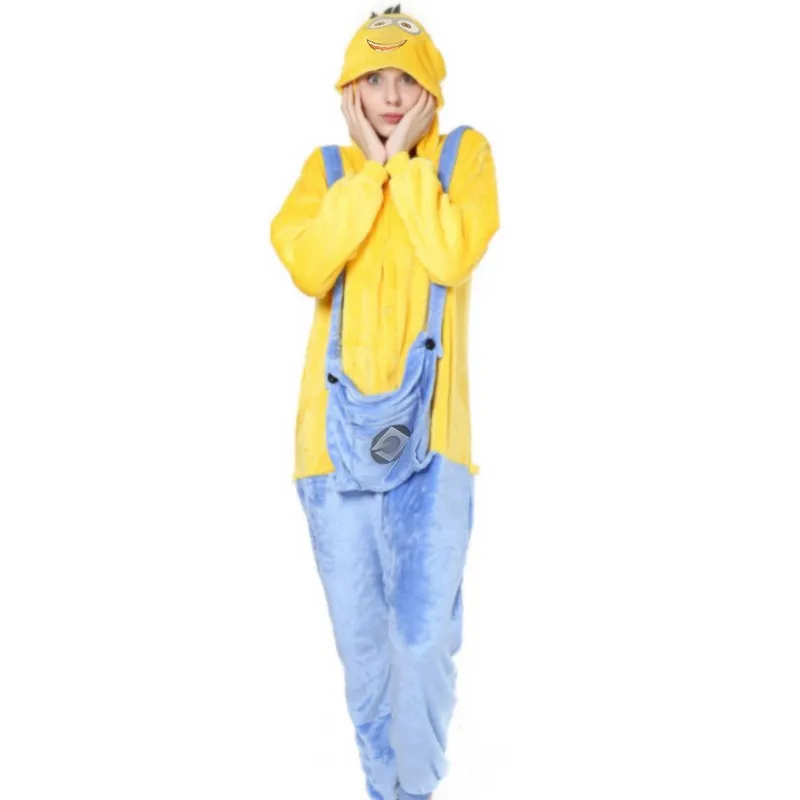 Blue and Yellow Color Matching Jumpsuit Pajamas Holiday Party Cosplay Outfit Parent-child Costume Warm Flannel Hooded Home Wear